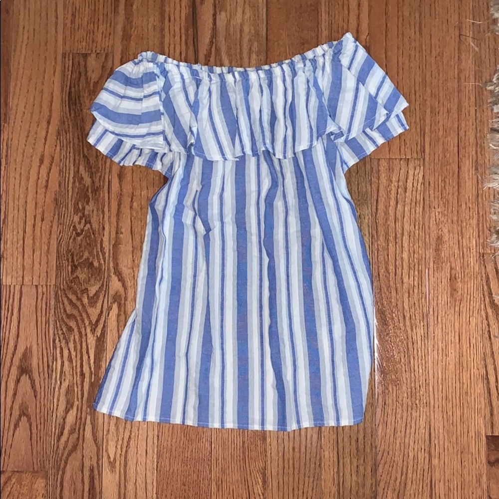 blue and whit stripped off the shoulder top
